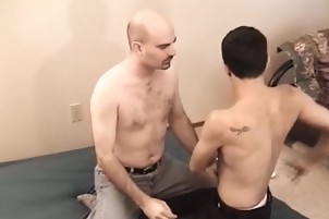 brunette hair man Sucks A Bald man's 10-Pounder And Eats Him Out