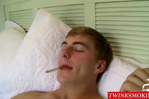 fine Smoker blows Smoke Rings while that guy Rubs His penis Out