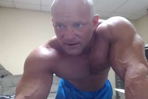 Bald Bodybuilder Flex, Work Out, And jerk off