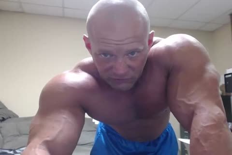Bald Bodybuilder Flex, Work Out, And jerk off