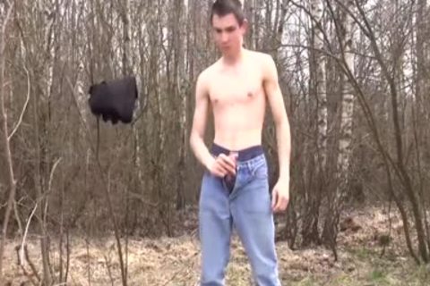 Lad With Large bulky cock Jerking In Nature And Cums On Himself