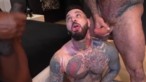 3Way Interracial 2 enormous weenies For Tatted whore