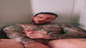 BWC Tatted Hunk Jerks Off In Tub